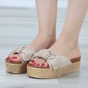 Beige Bow Platform Sandals Woven Sole Slip On